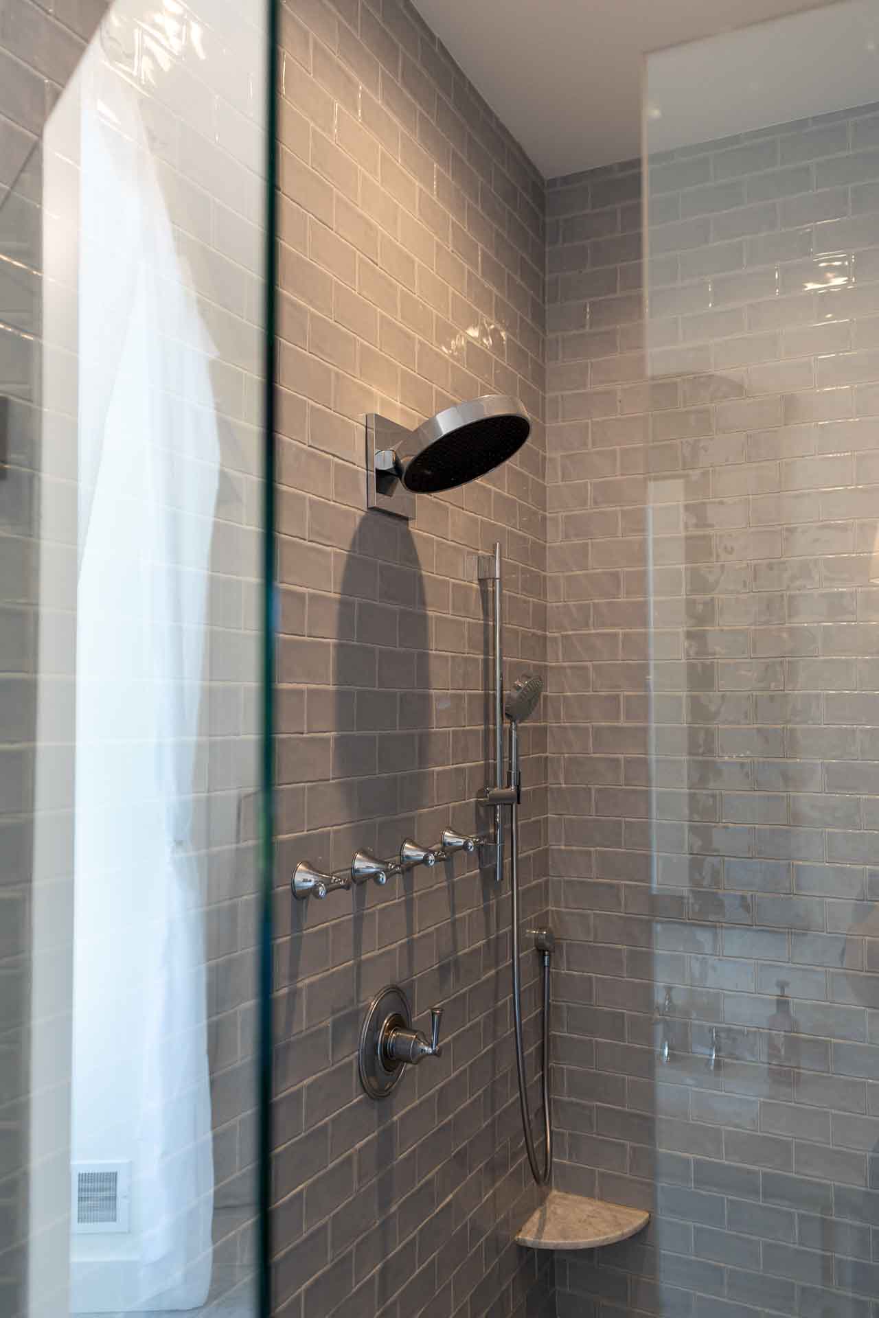 Woodline Building Company Project: Ranch Farmhouse Modern Gray Shower with Rain Head