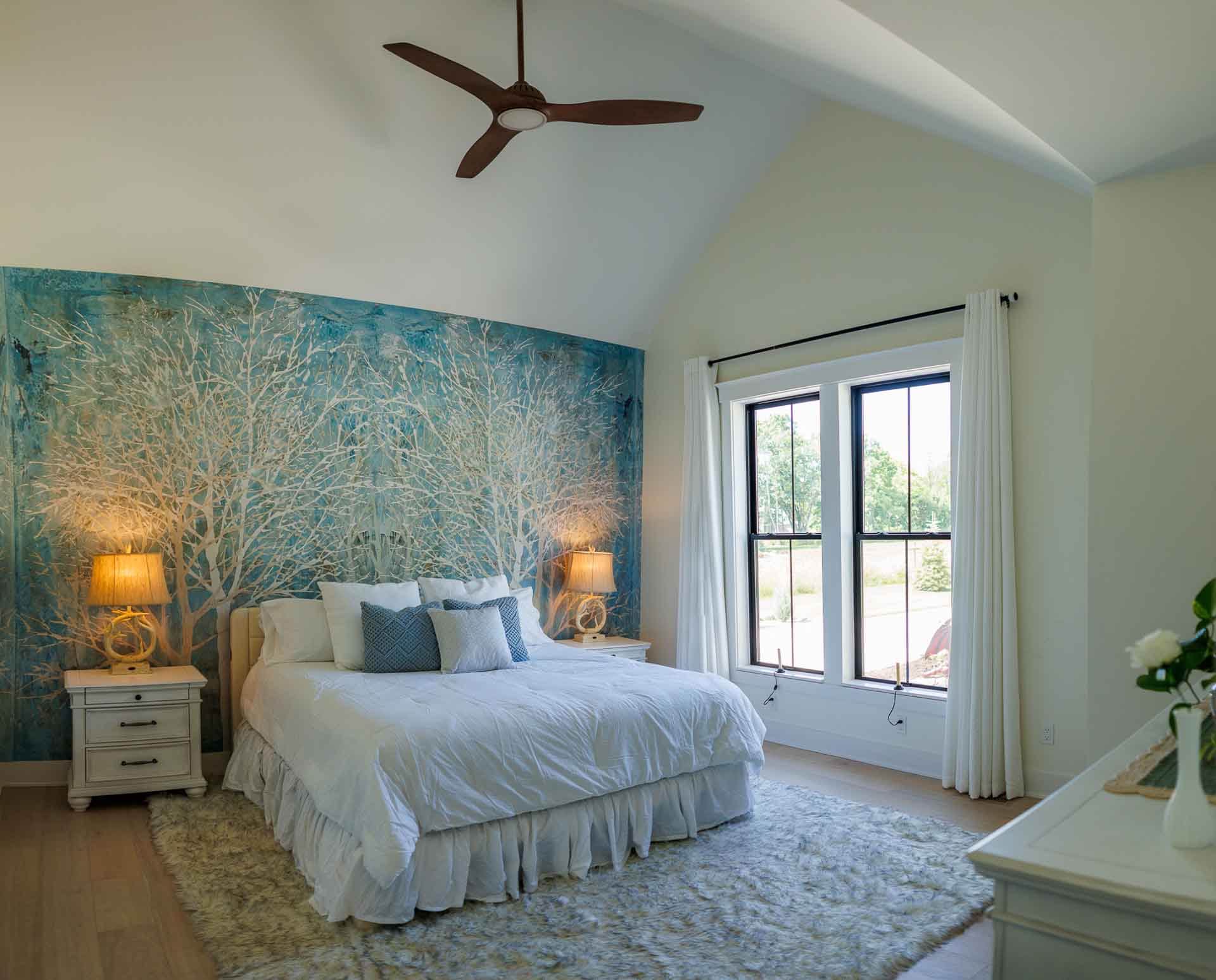 Woodline Building Company Project: Ranch Farmhouse Shabby Chic Blue & White Bedroom with Accent Wall