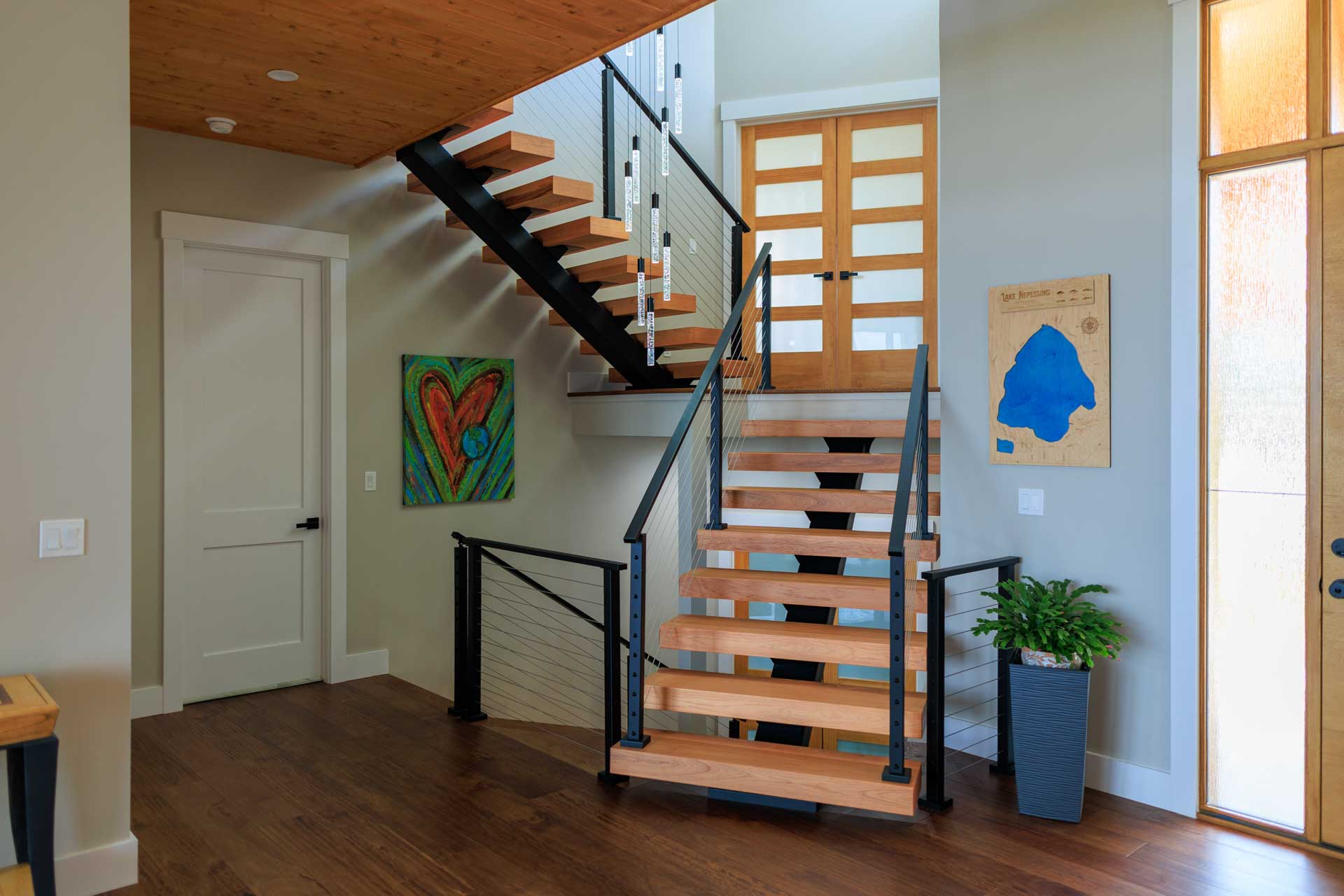 Woodline Building Company Modern Lakefront Lake Nepessing Lapeer, Michigan Floating Staircase