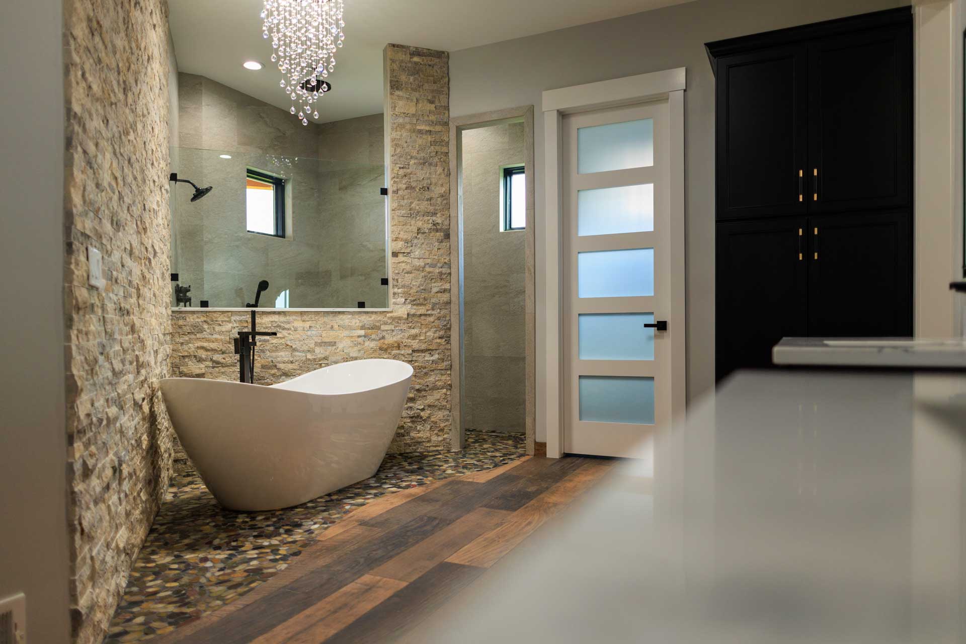 Woodline Building Company Modern Lakefront Lake Nepessing Lapeer, Michigan Master Bath with Freestanding Tub