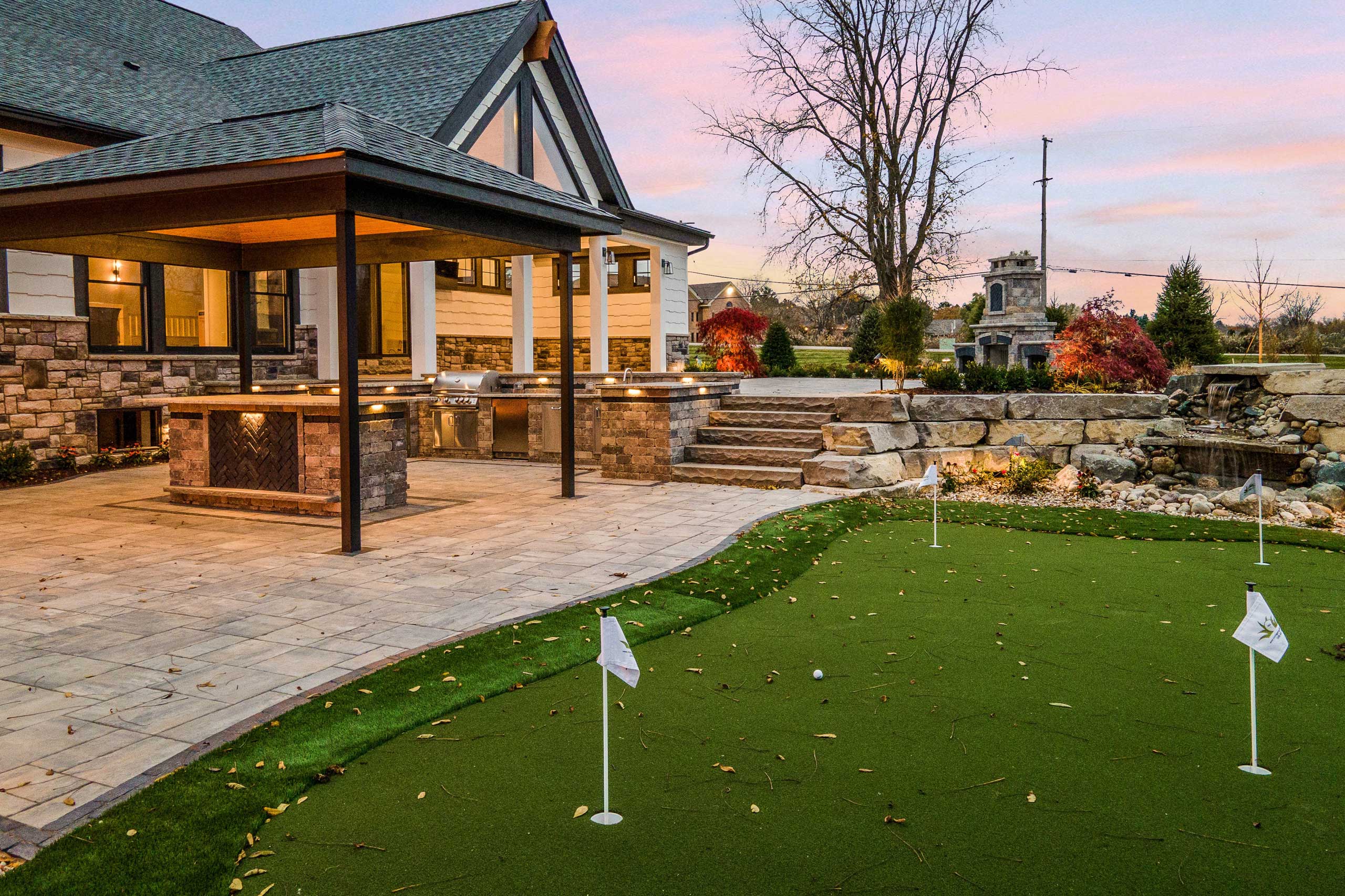 Woodline Building Company Golfers Haven Putting Green Close Up Twilight